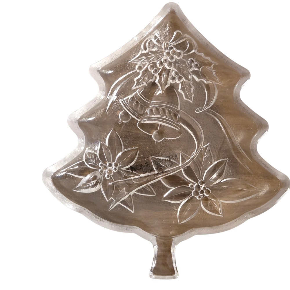 Home Beautiful Japan‎ Christmas Tree Glass Dish Frosted Bells Poinsettia Clear